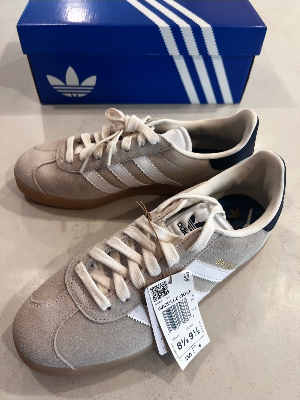 adidas Gazelle Golf Sneakers — Beige with White & Navy Blue accents